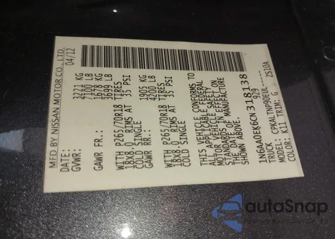 2012 Nissan Titan Sv z USA, uszkodzony, nr VIN 1N6AA0EK6CN318138